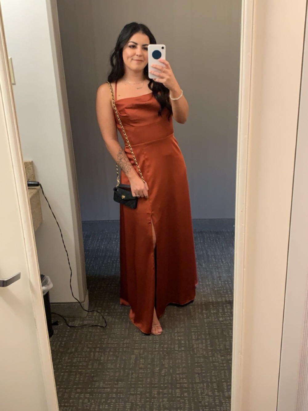 Azazie Clove Stretch Satin Dress in terracotta color